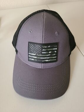 Highland Tactical American Flag Black Mesh Gray Trucker Hat with Camo Flag Patch